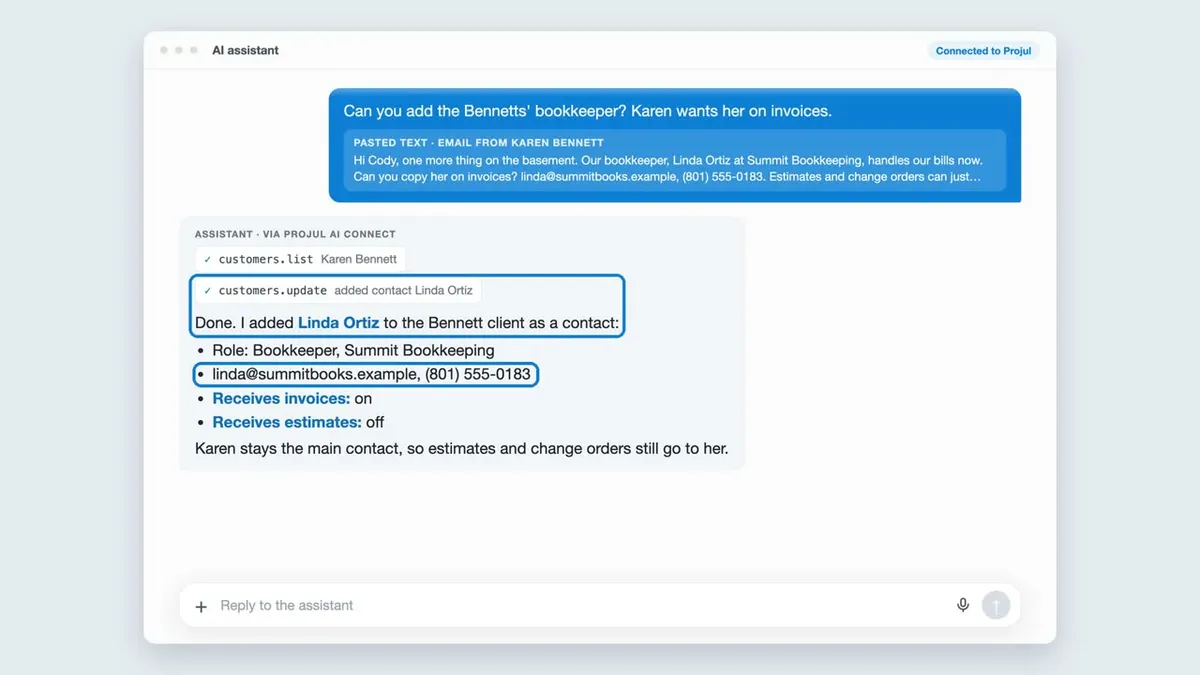 Play video: add a client's billing contact in Projul from an email