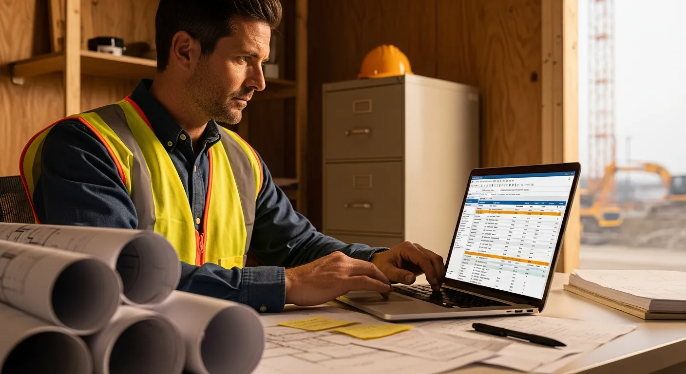 Contractor reviewing a construction estimate on a tablet at a job site with blueprints on the table