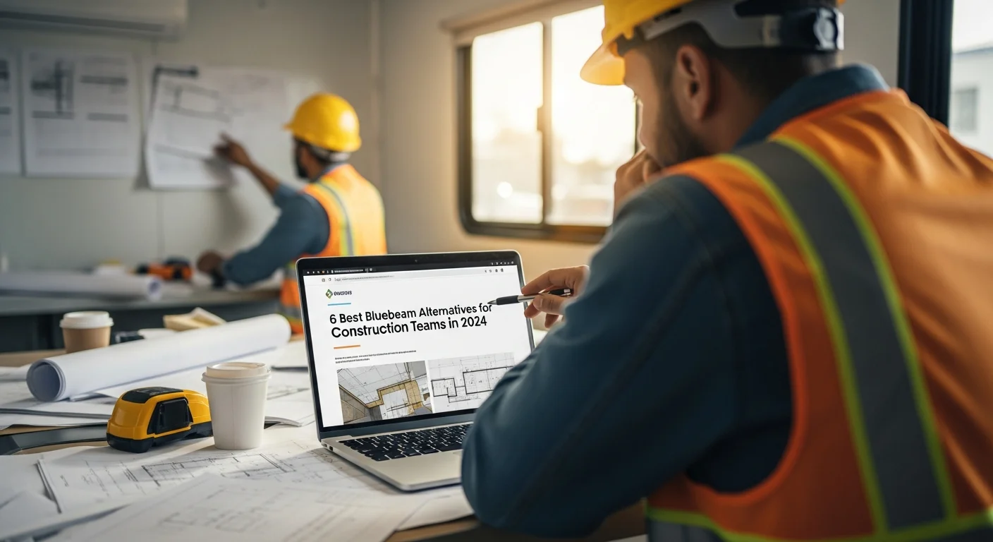 Contractor reviewing construction plans on a tablet using project management software