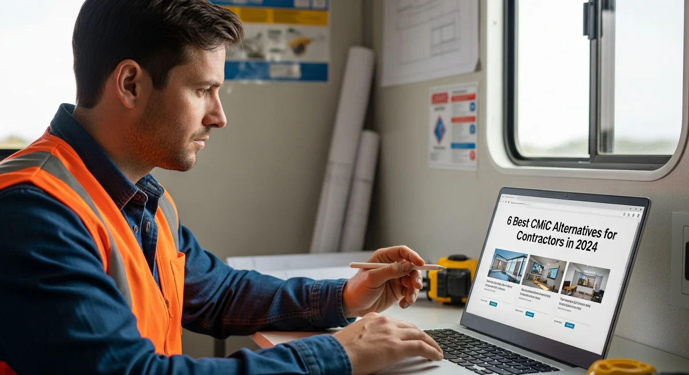 Construction team comparing software options on a tablet at a project site