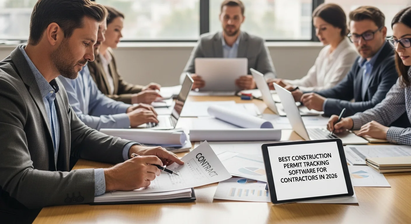 Contractor reviewing building permit documents on a tablet at a construction site