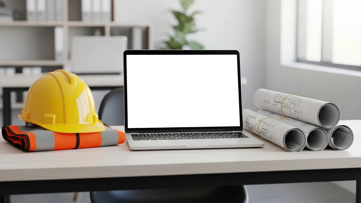 Contractor on a job site taking pictures of the project with his phone.