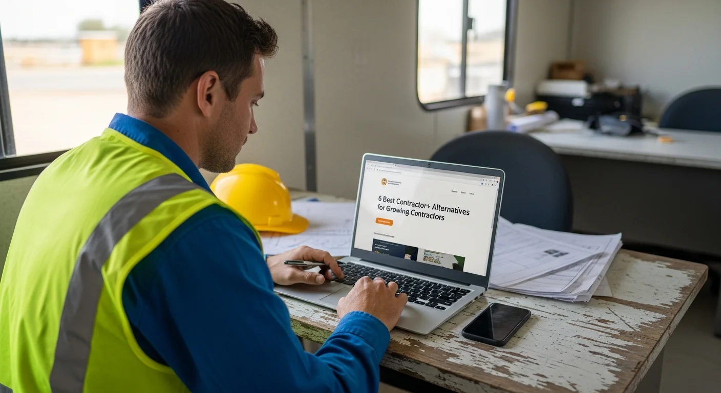 Contractor comparing construction management software options on a laptop