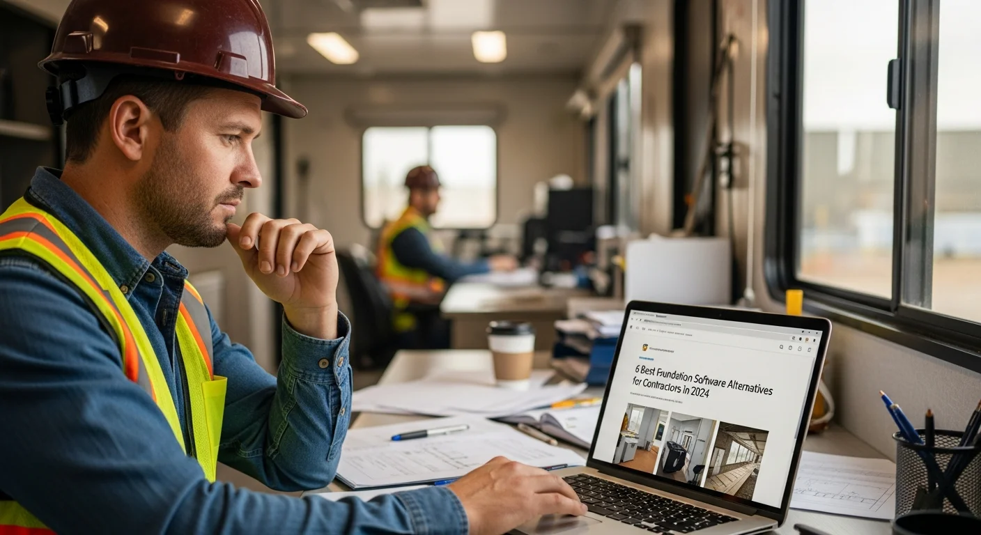 Contractor reviewing construction software alternatives on a laptop at a job site