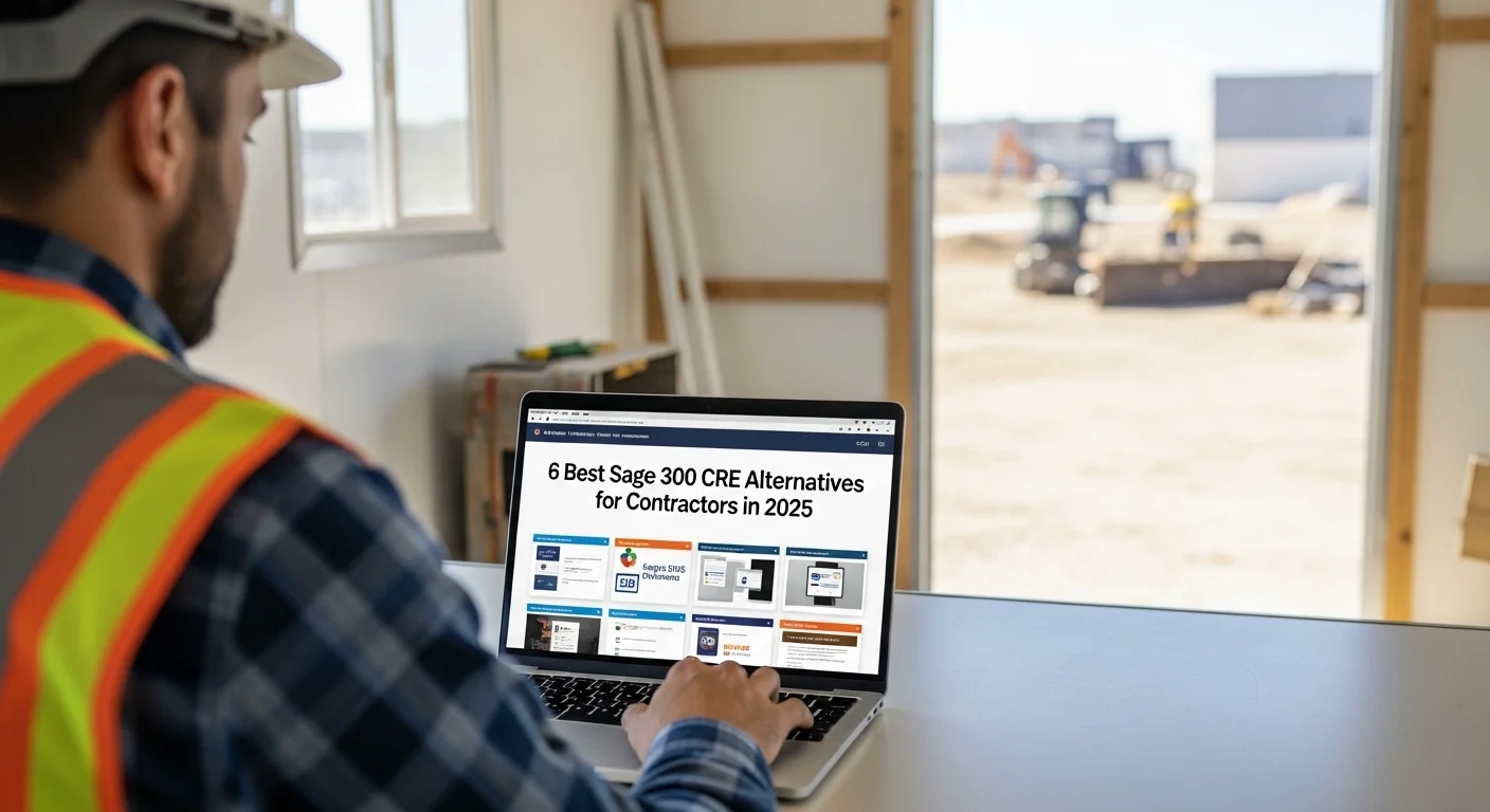 Construction project manager comparing Sage 300 CRE alternatives on a laptop