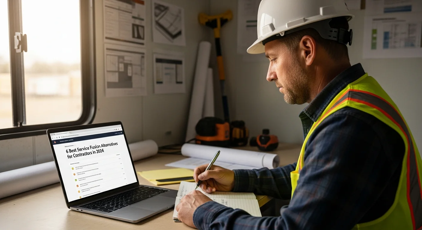 Contractor reviewing field service software alternatives on a tablet