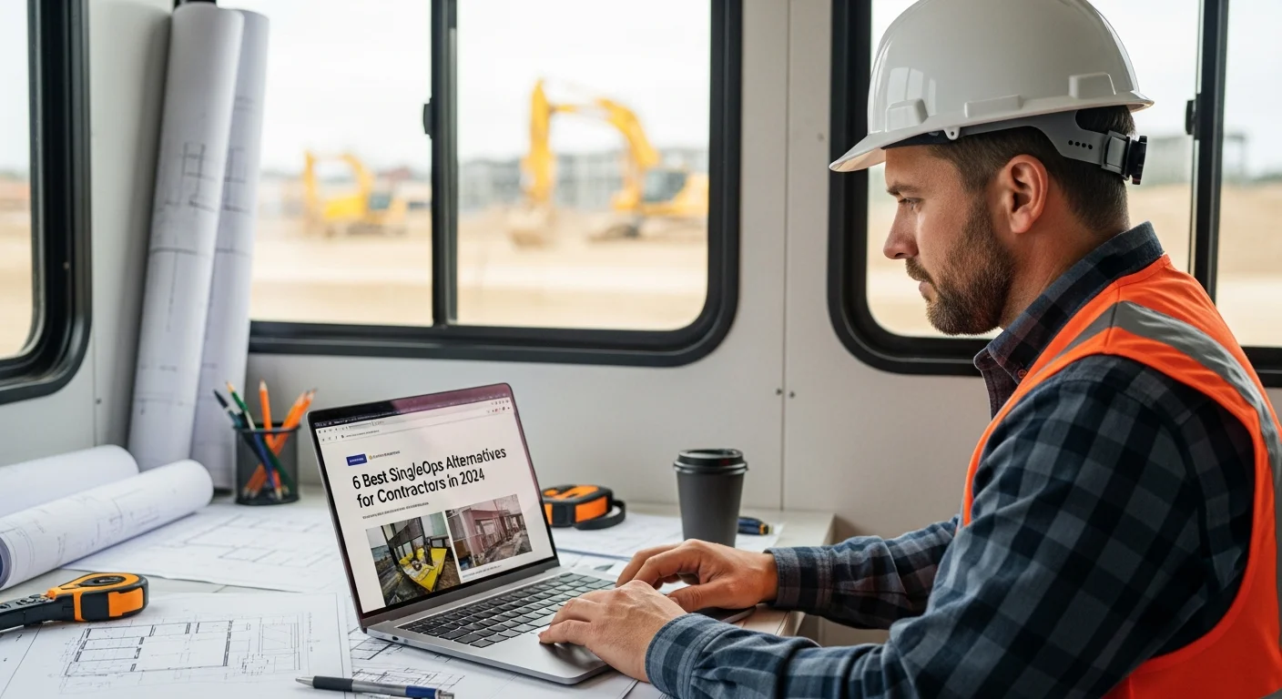 Contractor reviewing software alternatives on a laptop at a job site