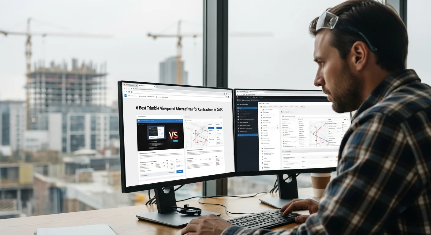 Contractor reviewing construction management software alternatives on a tablet at a job site