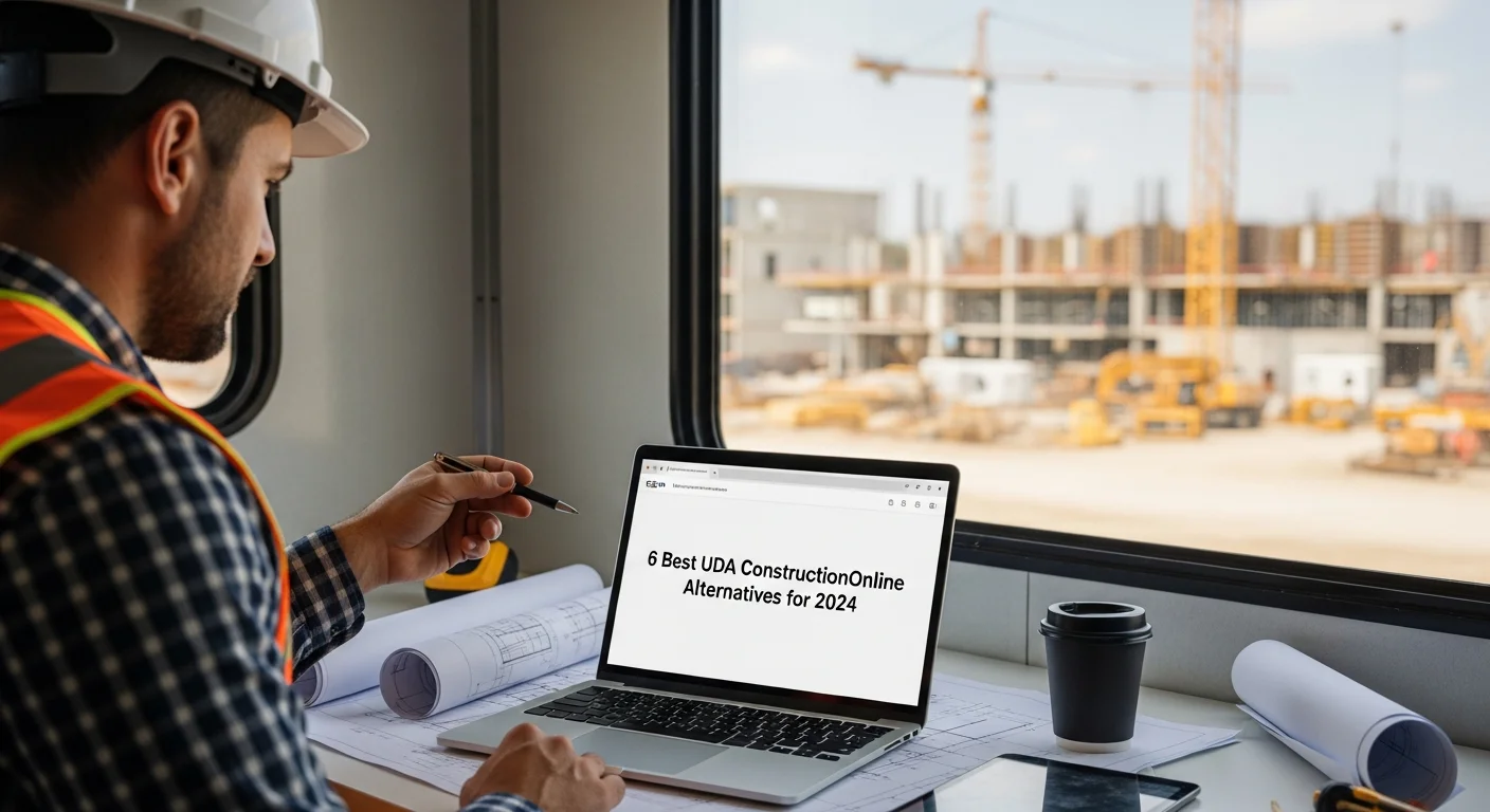 Contractor comparing construction project management software alternatives on a laptop