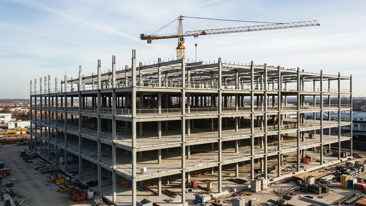 Cold storage warehouse under construction showing insulated metal panels and concrete flooring