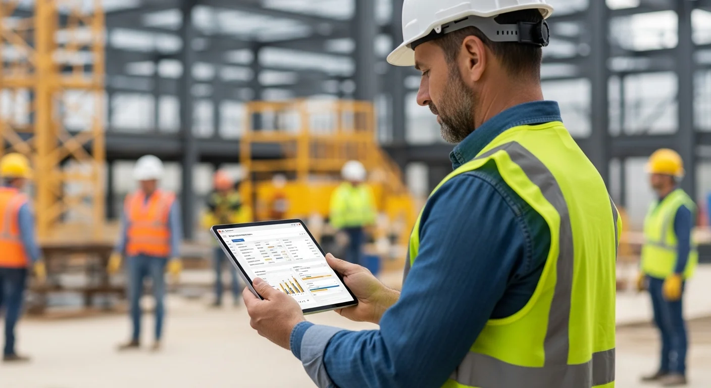 Contractor calculating ROI of construction management software with project financials