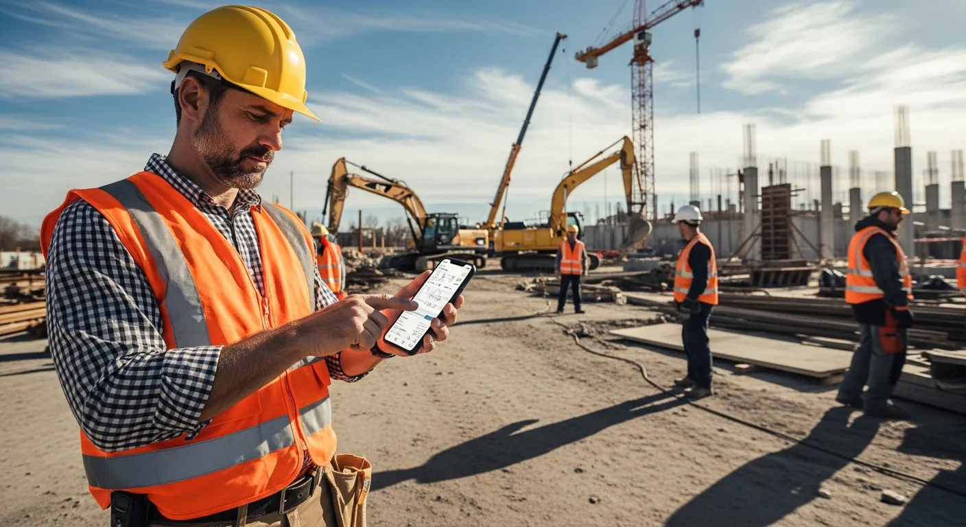 Contractor using a construction mobile app on a job site