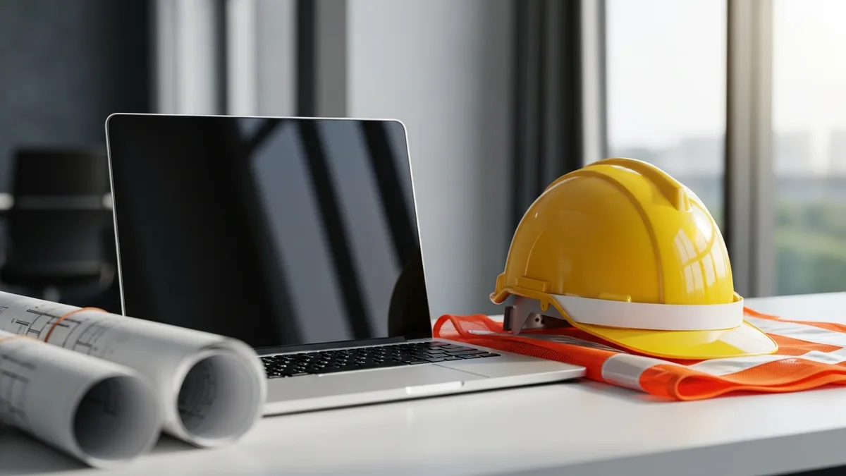 Contractor using a tablet on a construction job site to manage project tasks