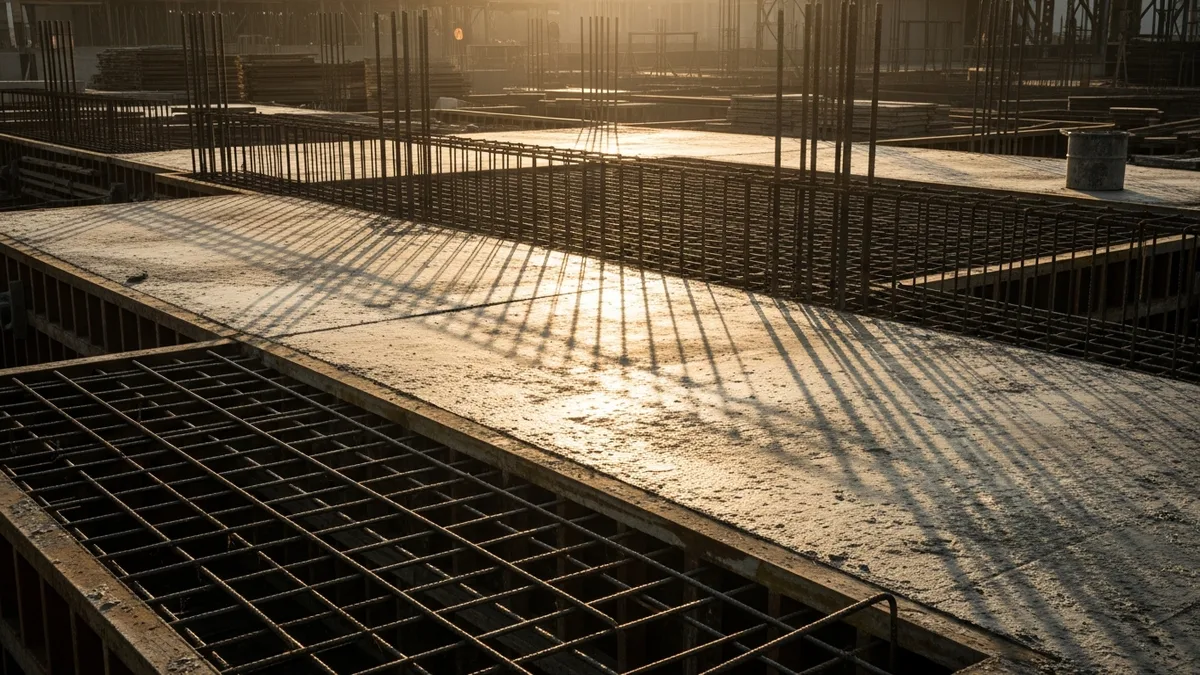 Tilt-up concrete panels being lifted into place on a commercial construction site