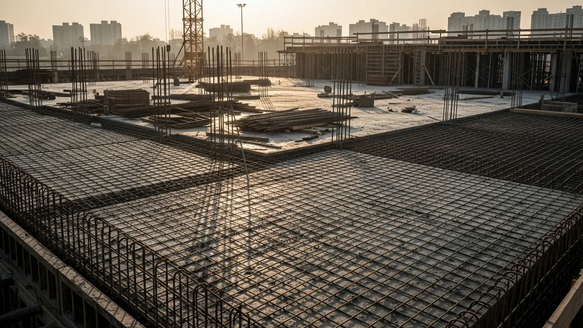 Wastewater treatment plant under construction with concrete tanks and process piping