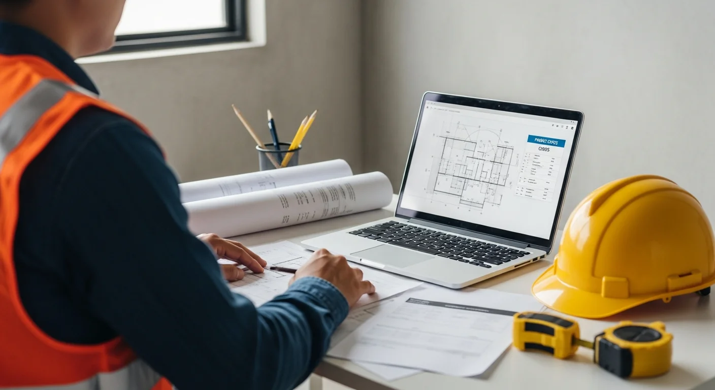 Contractor reviewing real-time job cost data on a tablet at a construction site