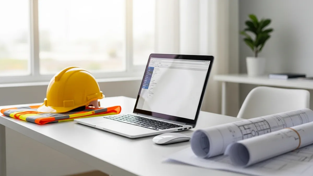 Two contractors work together to cut a wooden board on a job site.