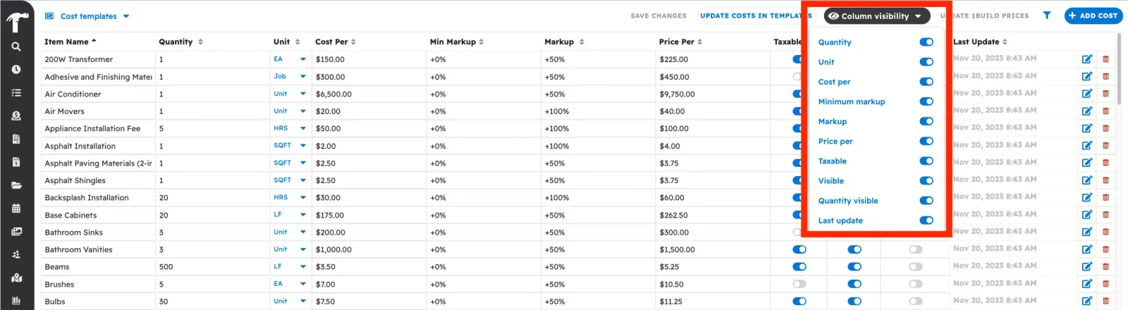 Cost Line Column Visibility toggle 