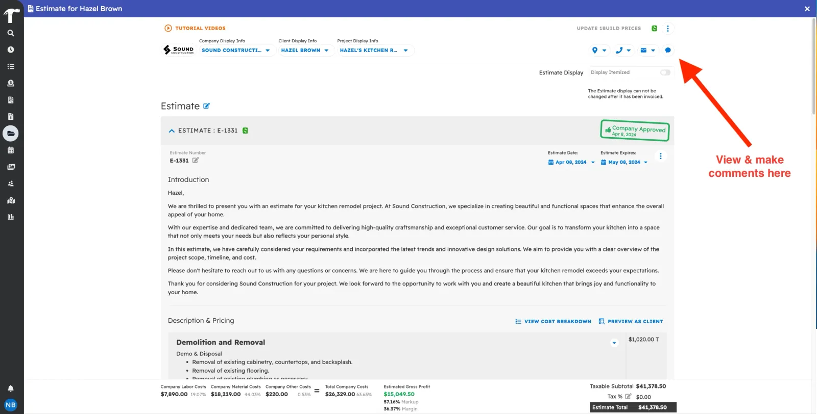 Comments from estimate