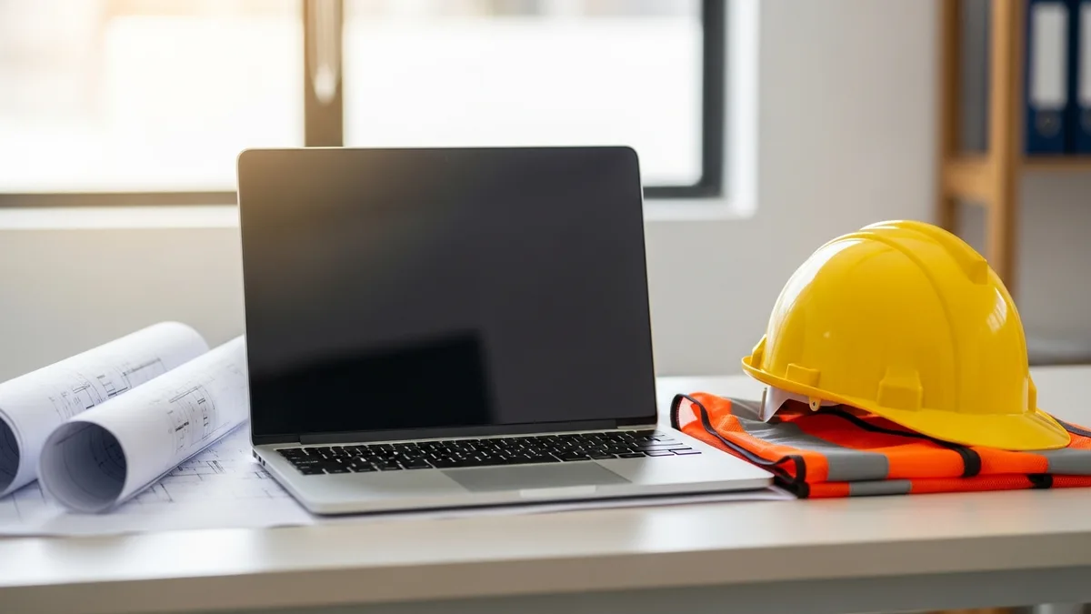 Contractor on job site using a construction management app on his phone.