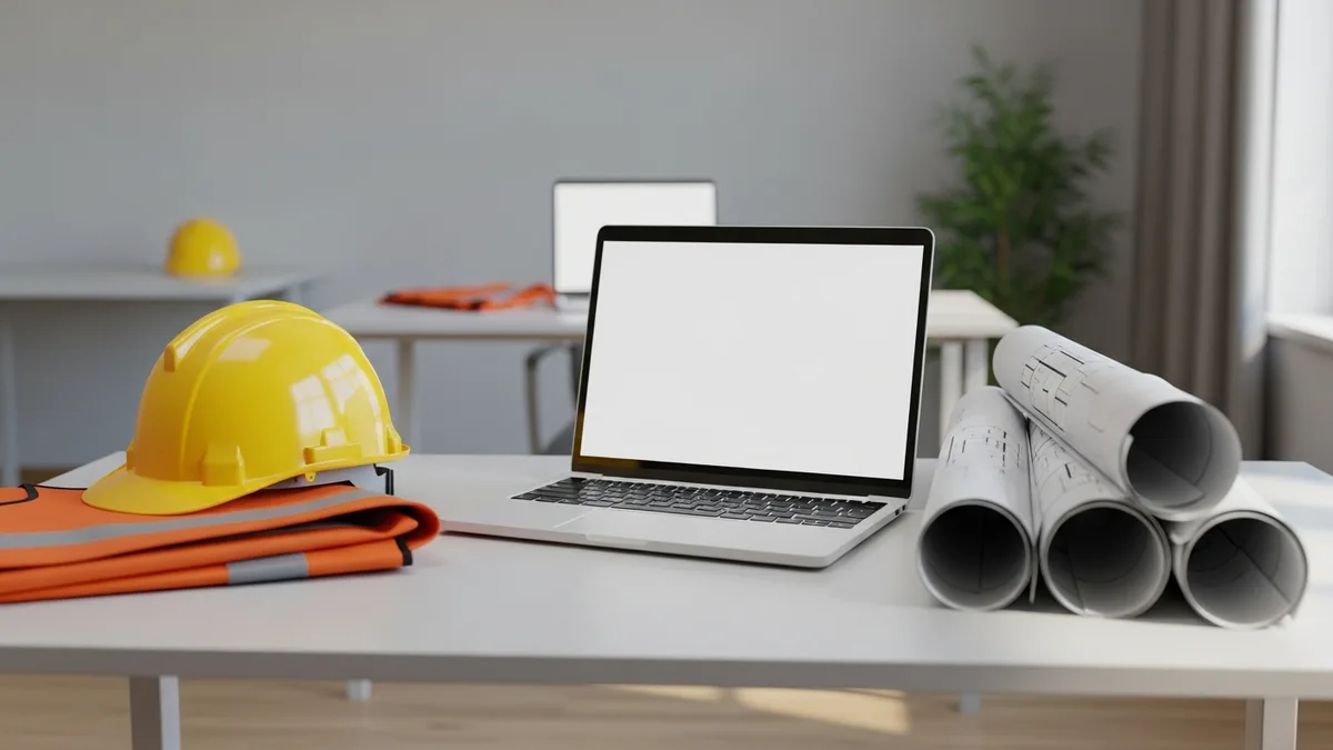 Construction worker putting the asphalt roofing (shingles) with nail gun on a new frame house