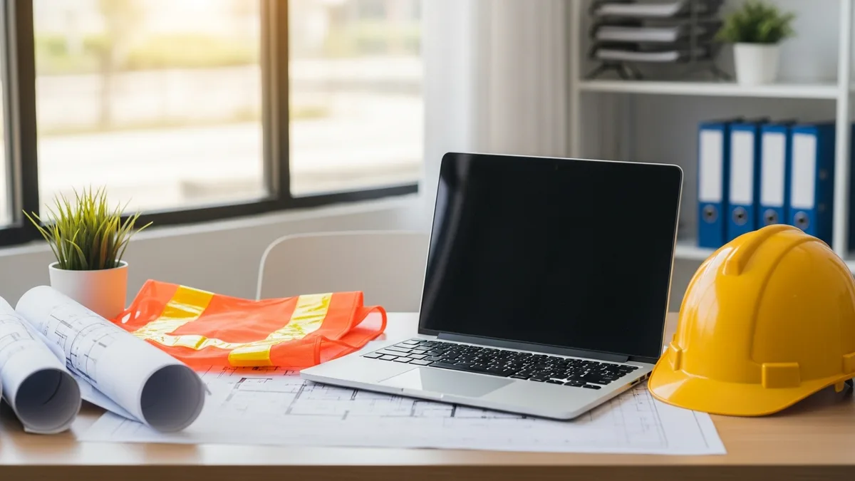 Contractors on a construction site. One is on the phone while looking at a tablet.
