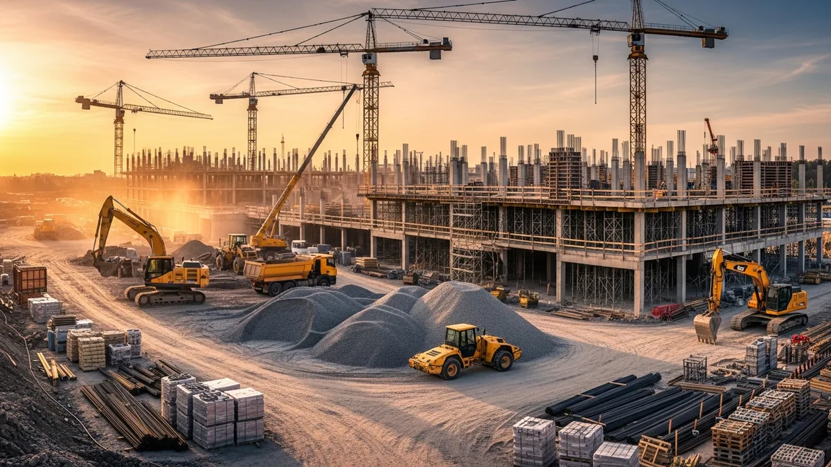Landscaping contractor outside using tablet, digger in background