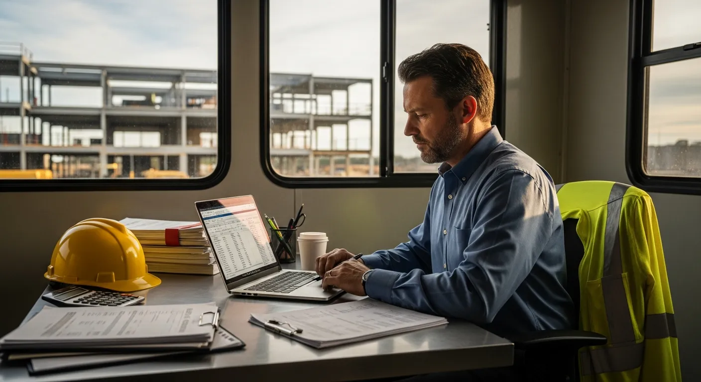 Contractor reviewing a WIP report on a construction job site