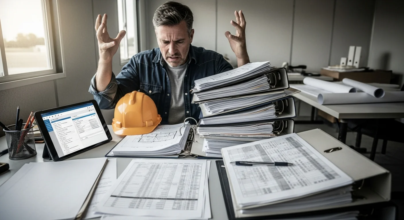 Frustrated contractor looking at a complex spreadsheet on a laptop screen at a construction office