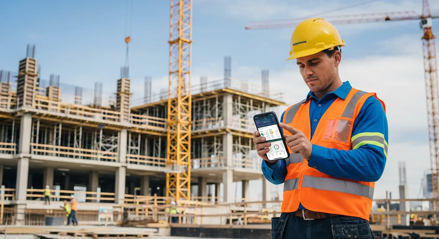 Construction worker using a mobile app on a job site