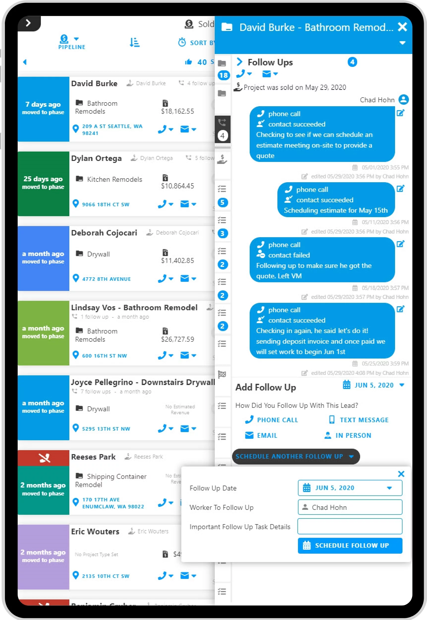 Lead Management Follow Up Reminders Lead Management on tablet with Projul