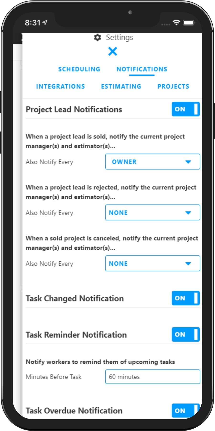 Mobile Notifications Settings with Projul