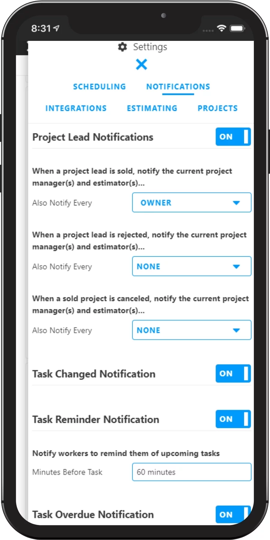 Mobile Notifications Settings Image 1 Mobile Notifications Settings with Projul