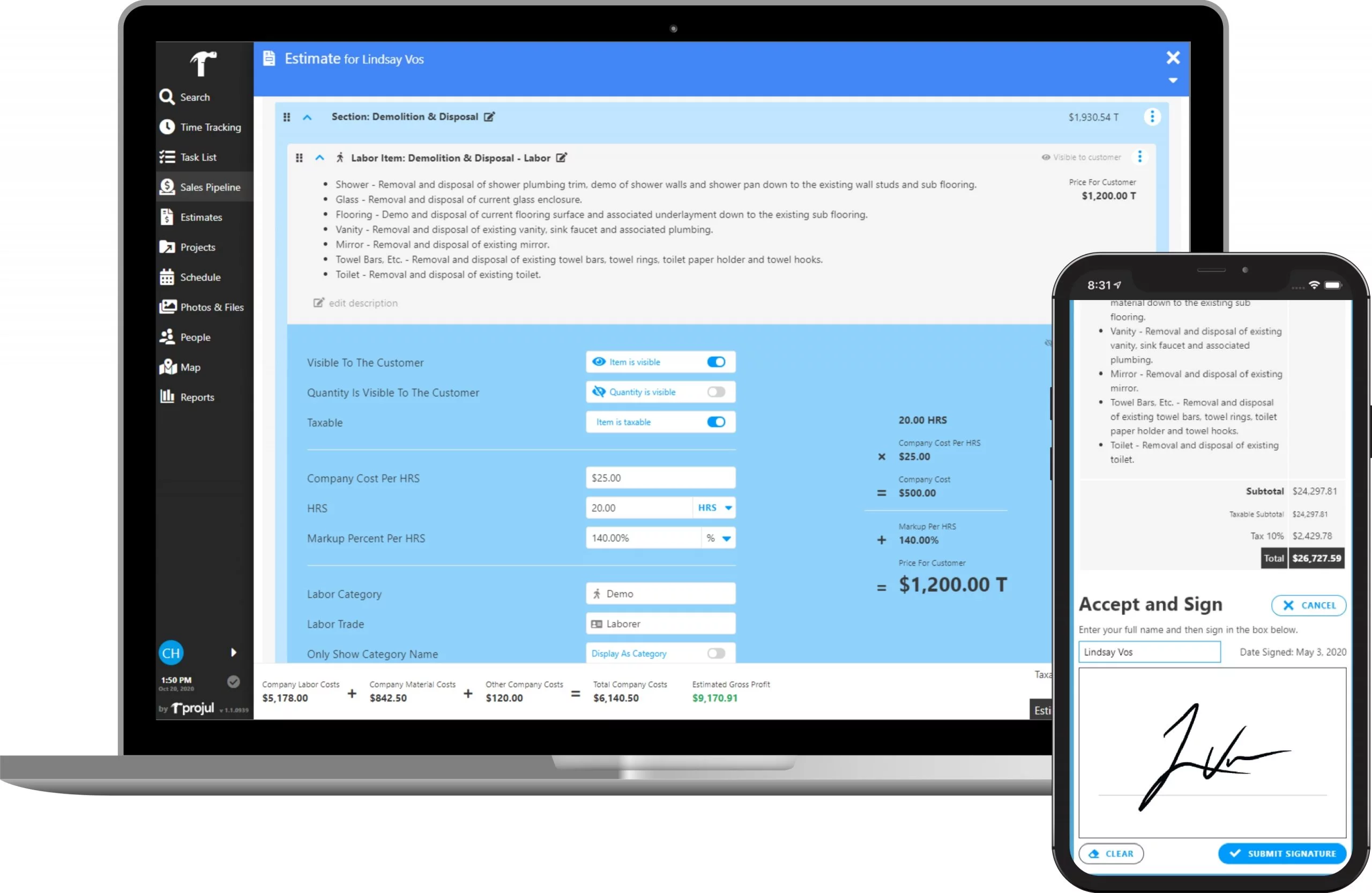 Exceptional estimating screen image Projul Estimating on Any Device