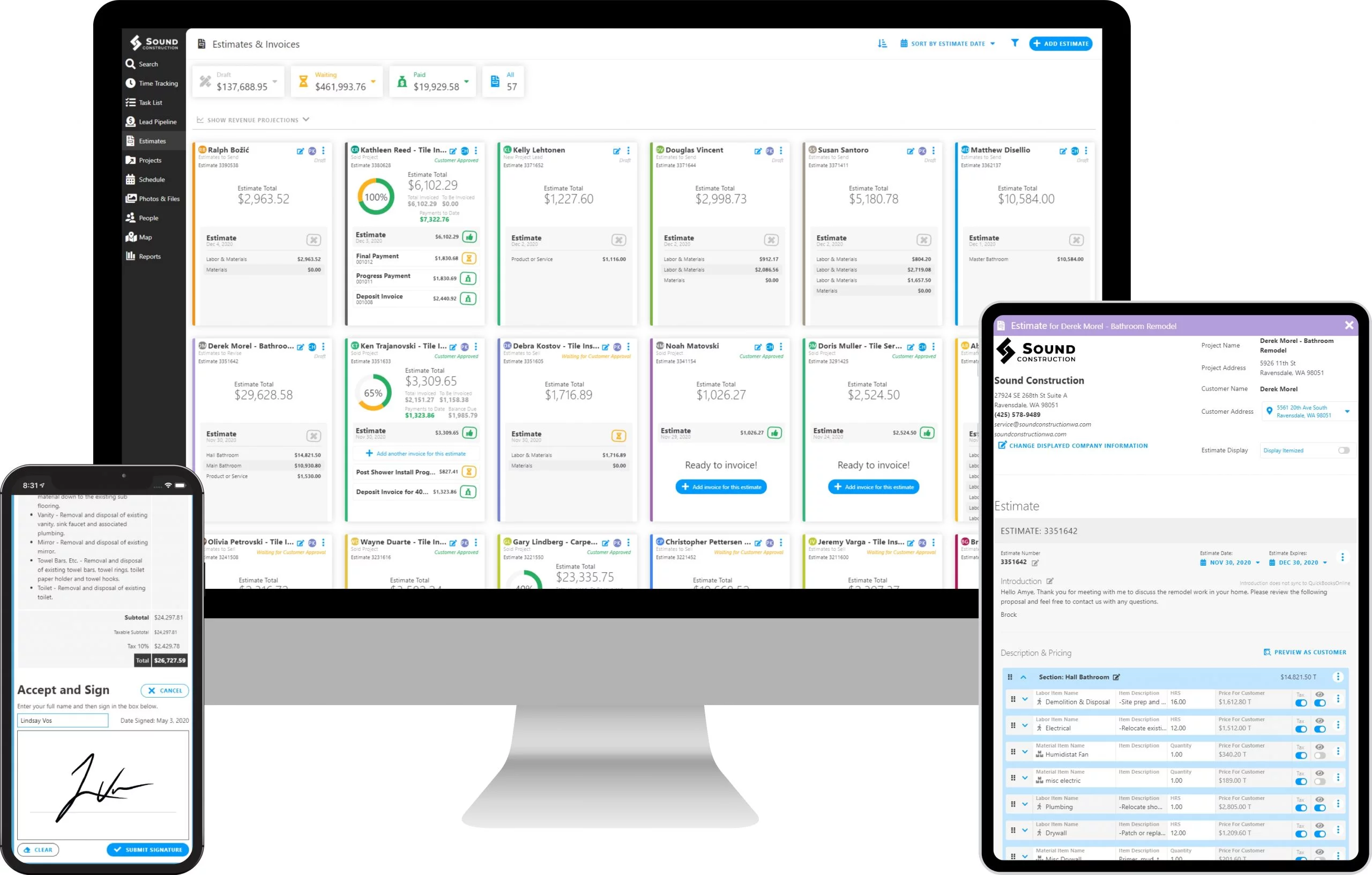 Estimating Desktop Tablet and Mobile with Signature Invoicing and Estimating with Projul