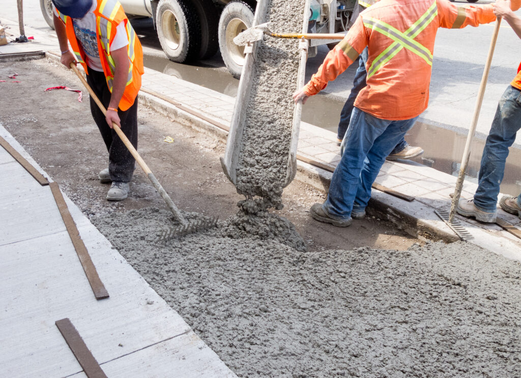Two contractors pouring and leveling cement