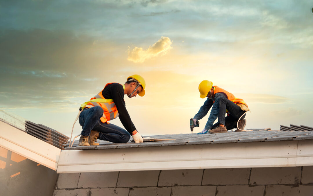 Engineer workers install new CPAC roof, roofing tools, electric drill, use on new roof with CPAC roof house construction idea.